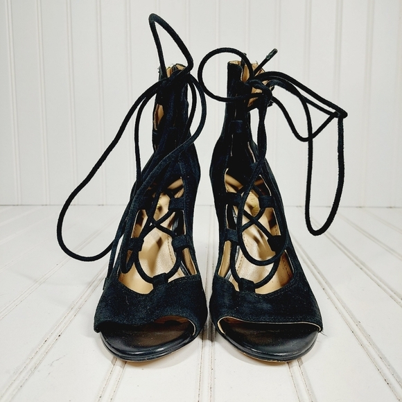 Saks Fifth Avenue Naylee Black Suede Tie Up Sandals Stiletto Heels I418 - Picture 3 of 14